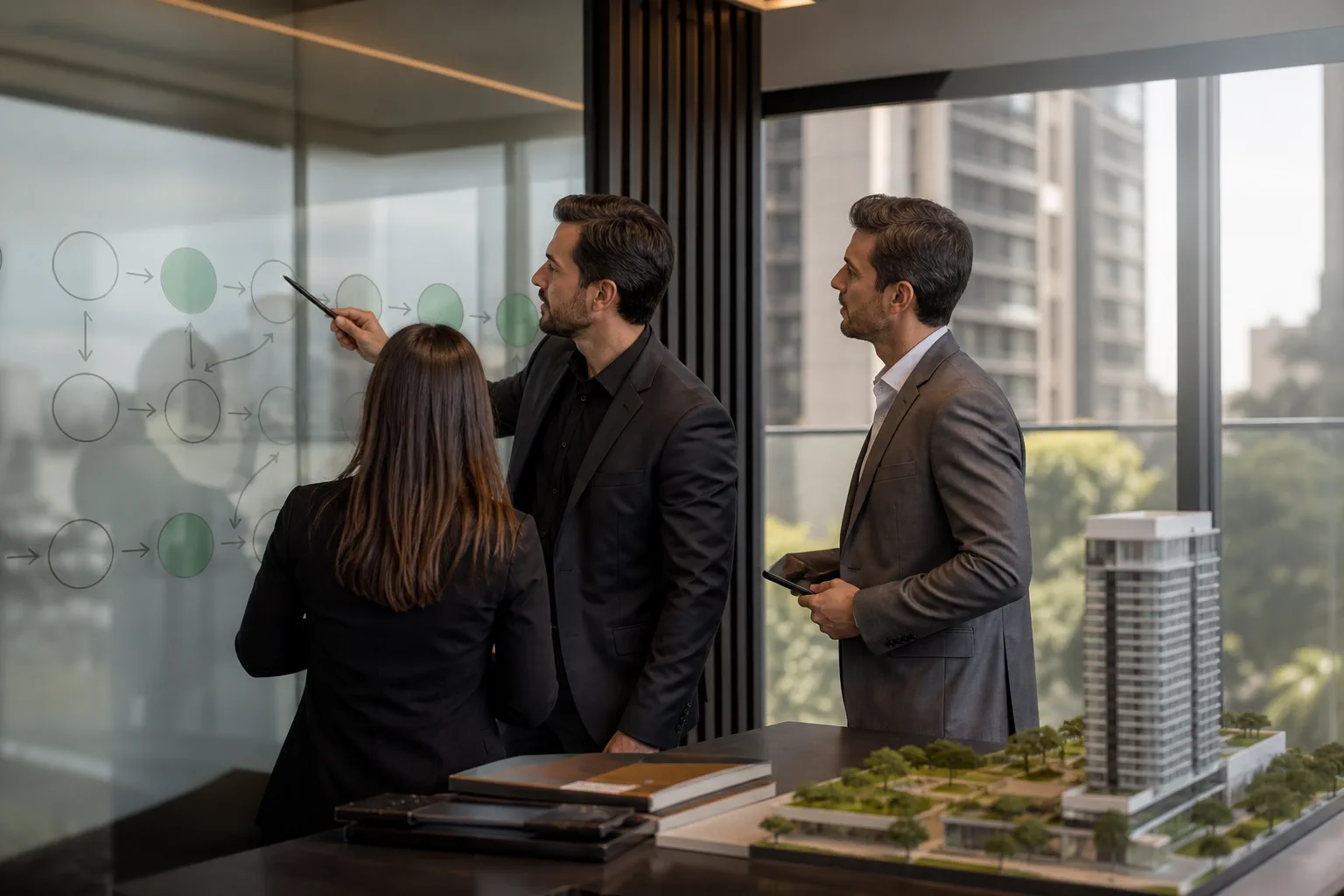 Consultoria avaliando indicadores e estratégia comercial imobiliária