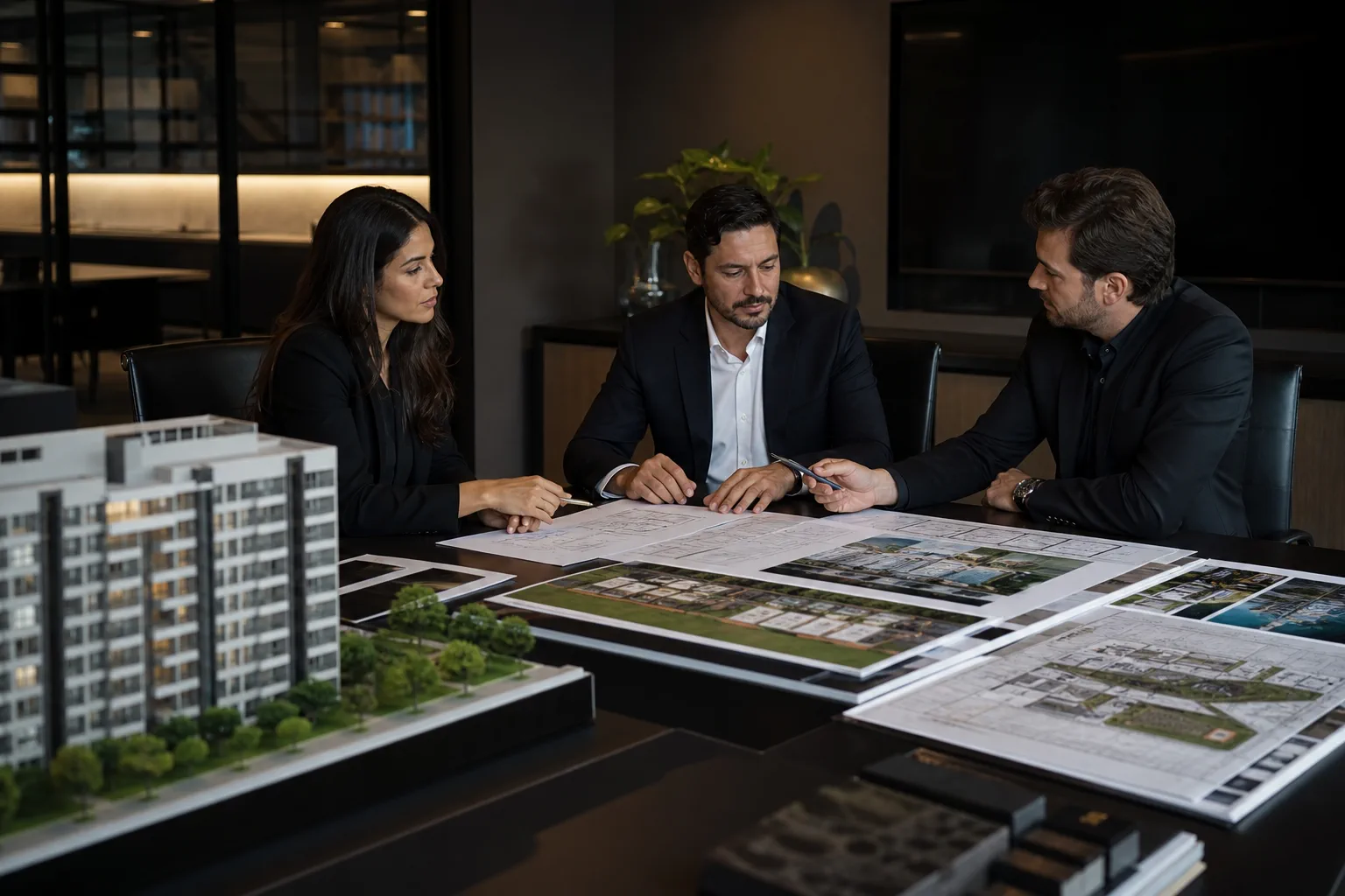 Equipe analisando marketing e operação comercial de um empreendimento imobiliário