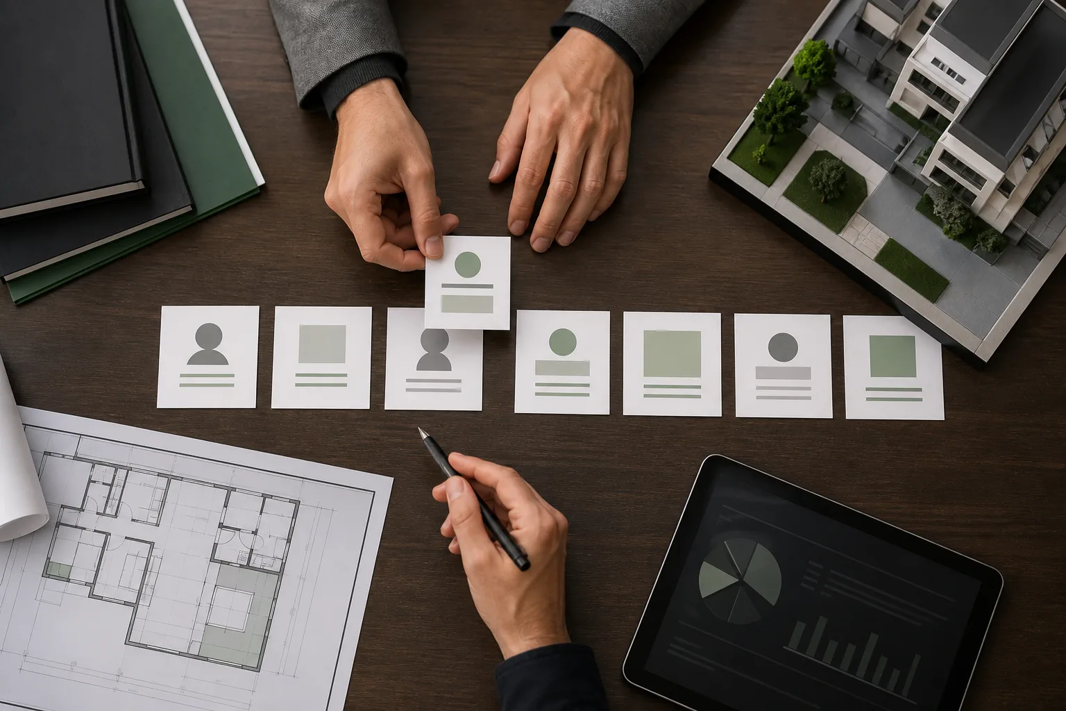 Funil comercial imobiliário representado por cartões, planta e dados de vendas