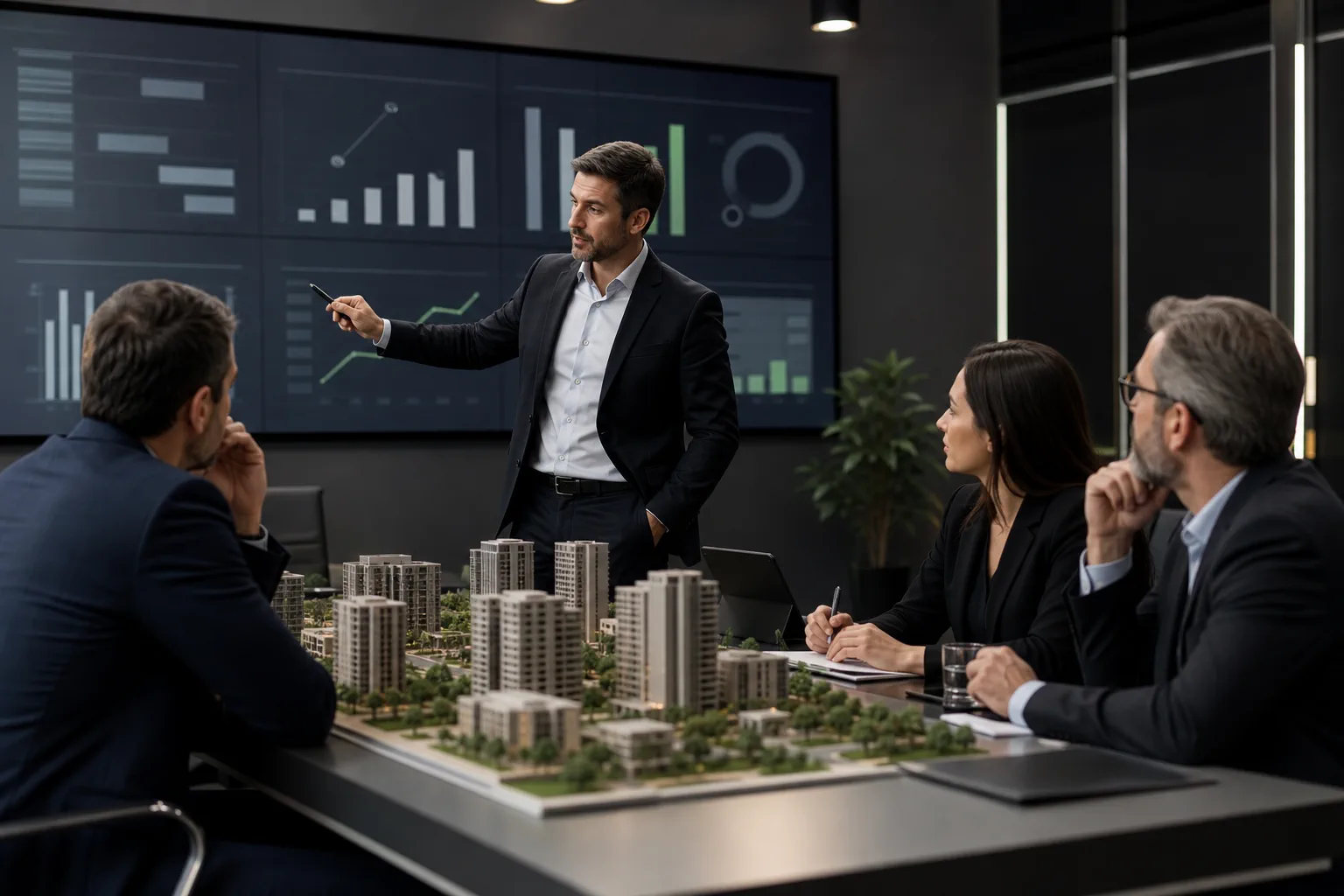 Painel executivo com indicadores de marketing e vendas imobiliárias