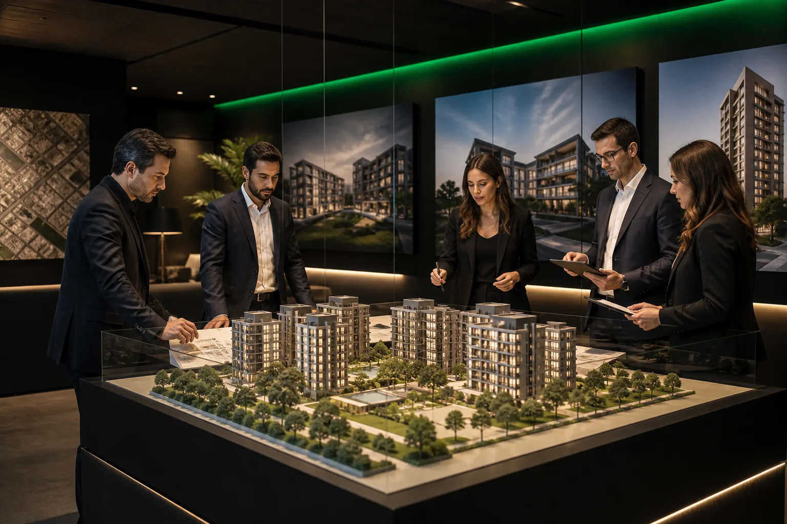 Equipe planejando marketing e operação comercial de um lançamento imobiliário