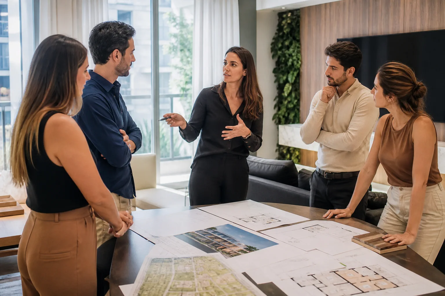 Equipe de corretores em treinamento sobre apresentação de empreendimentos
