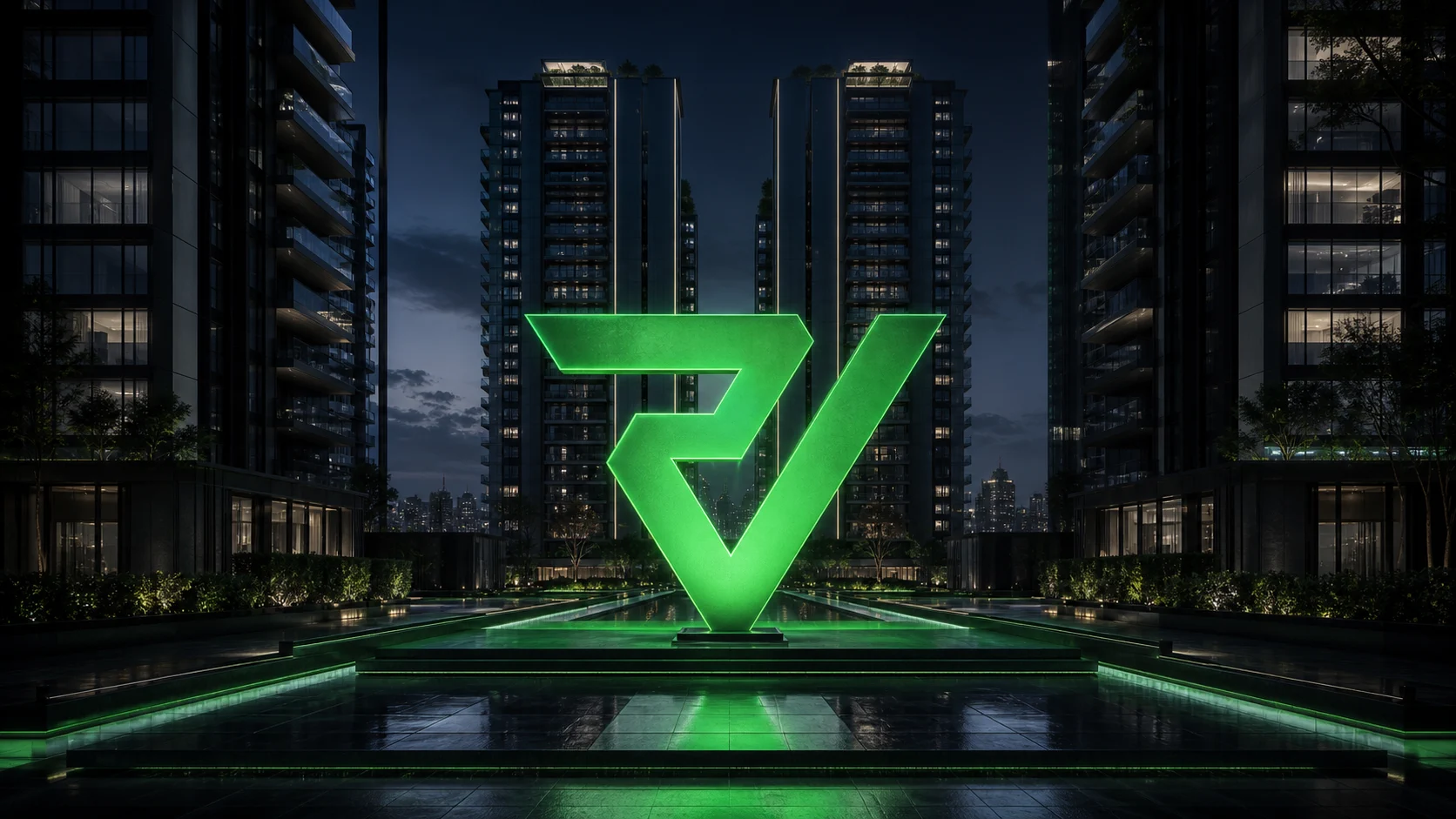 Símbolo da Performance Valor integrado a um empreendimento residencial contemporâneo