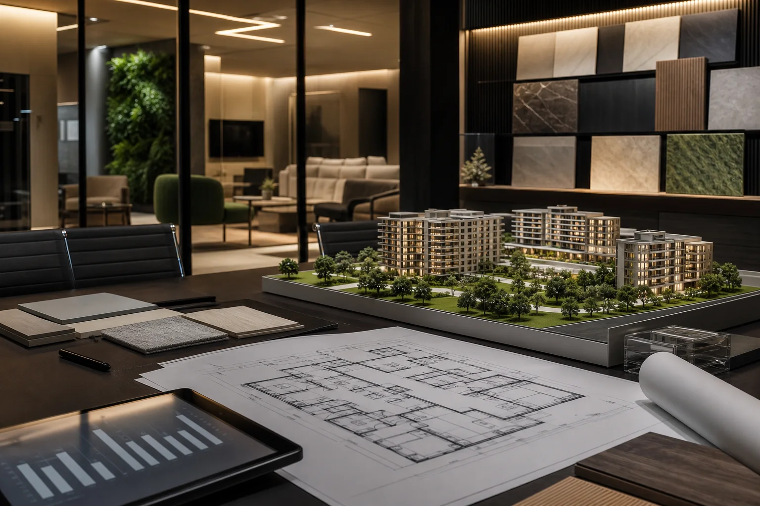 Maquete de empreendimento, planta arquitetônica e indicadores em uma sala de estratégia imobiliária