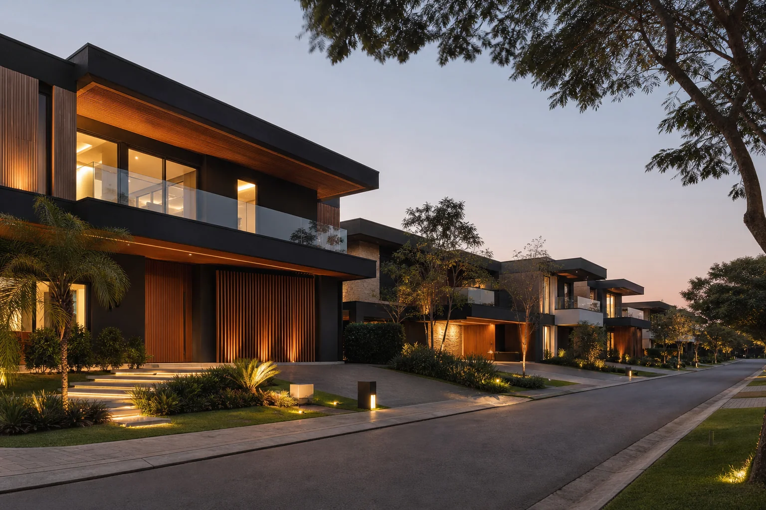 Residências contemporâneas representando o portfólio de uma imobiliária