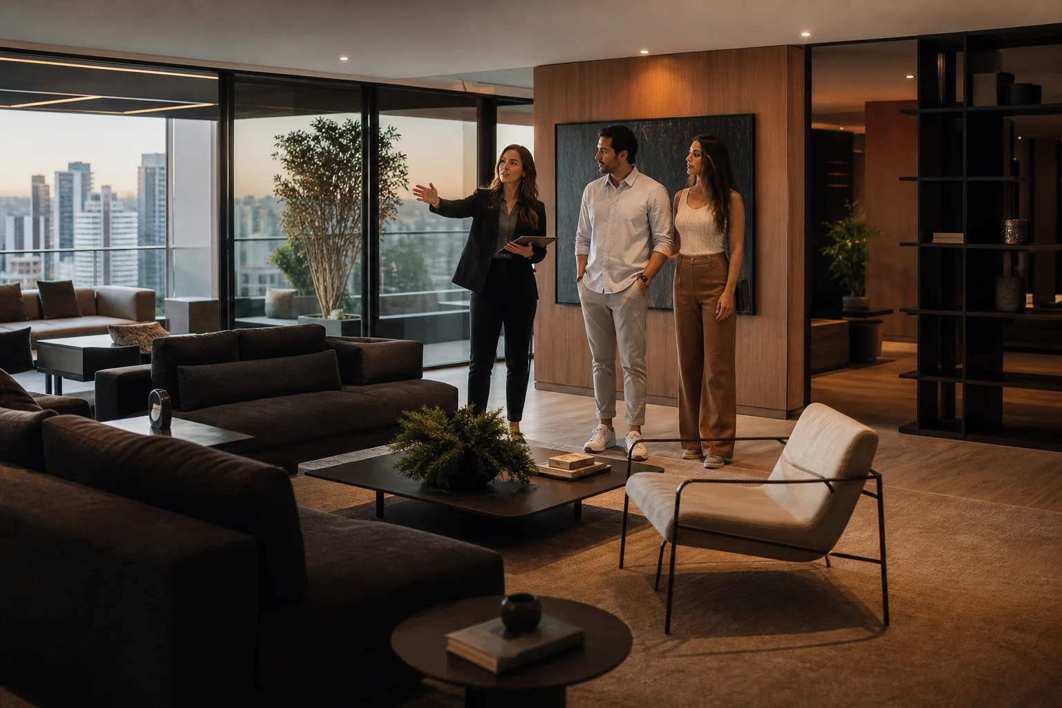 Corretora apresentando um apartamento contemporâneo a potenciais compradores